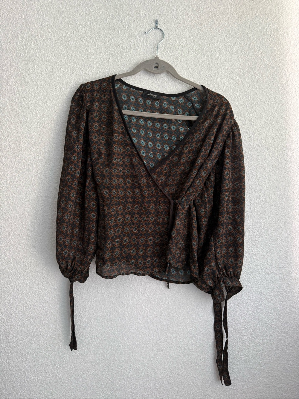 Italian Brown Printed Wrap Blouse with Side Tie